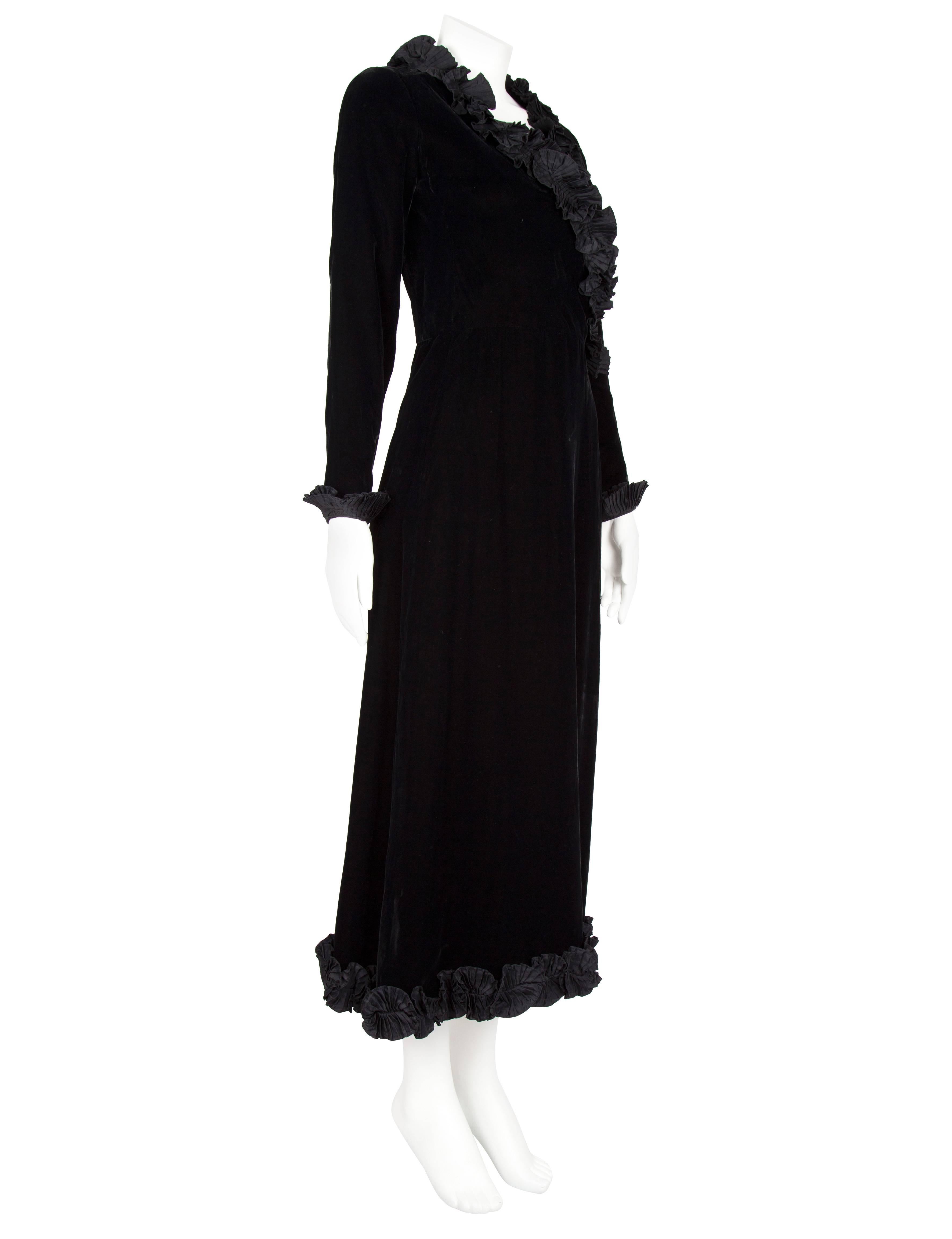 1980s Yves Saint Laurent Rive Gauche Black Velvet Evening Dress with Ruffles In Excellent Condition In London, GB