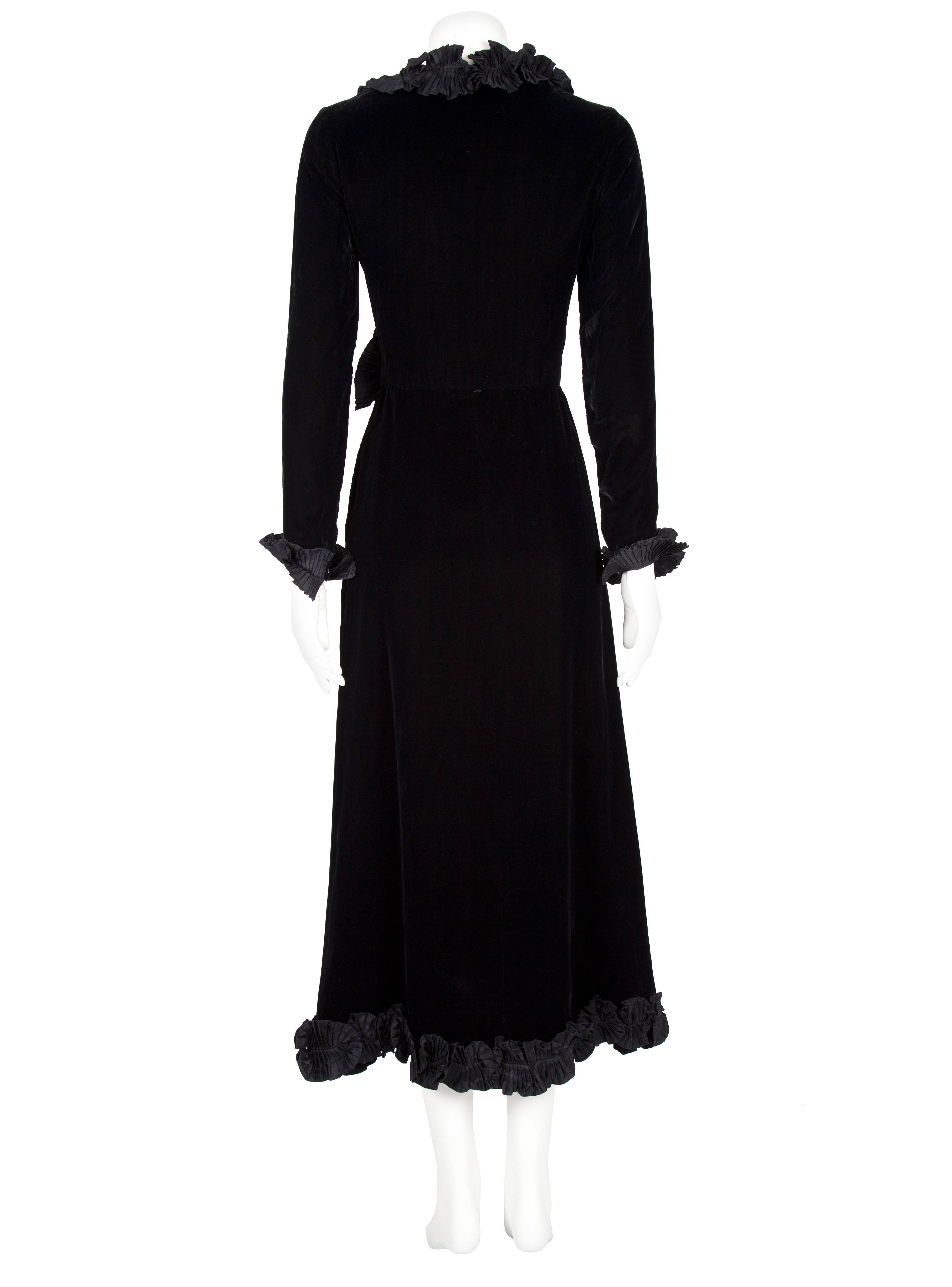 Women's 1980s Yves Saint Laurent Rive Gauche Black Velvet Evening Dress with Ruffles