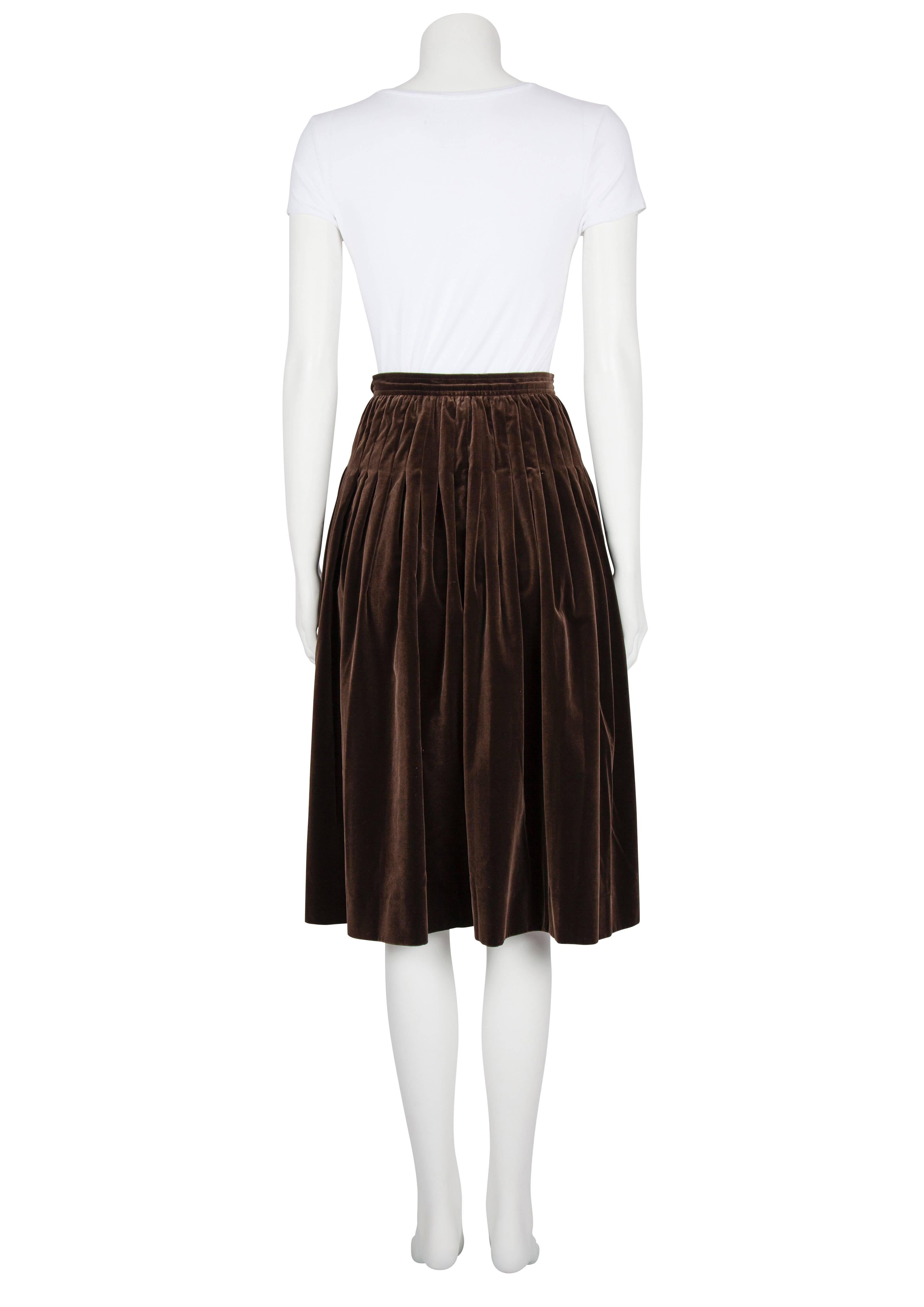 Women's 1970s Yves Saint Laurent Rive Gauche Brown Velvet Pleated Skirt For Sale