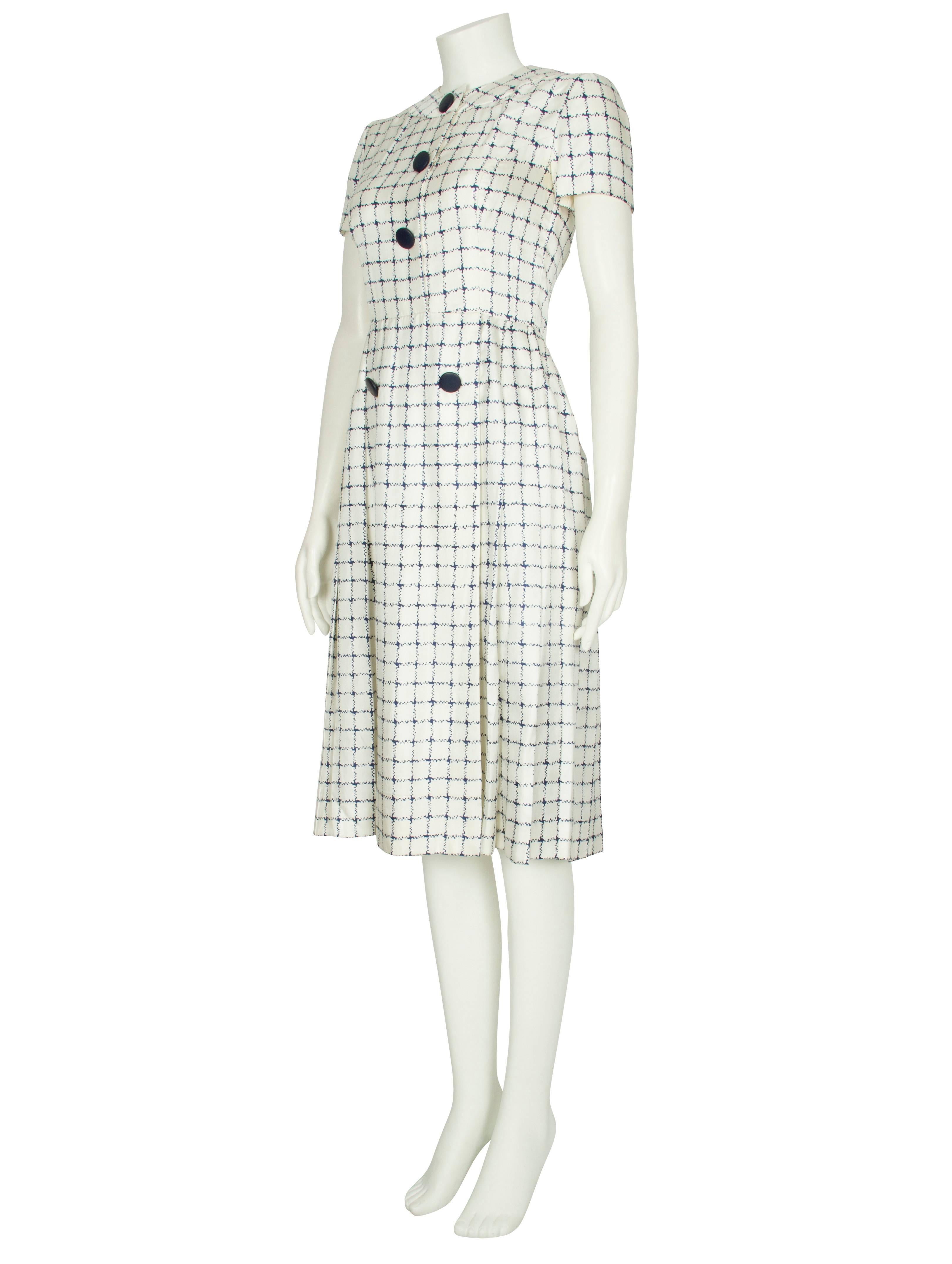 Women's 1960's Harald Ivory Silk Dress with Navy Checked Print For Sale