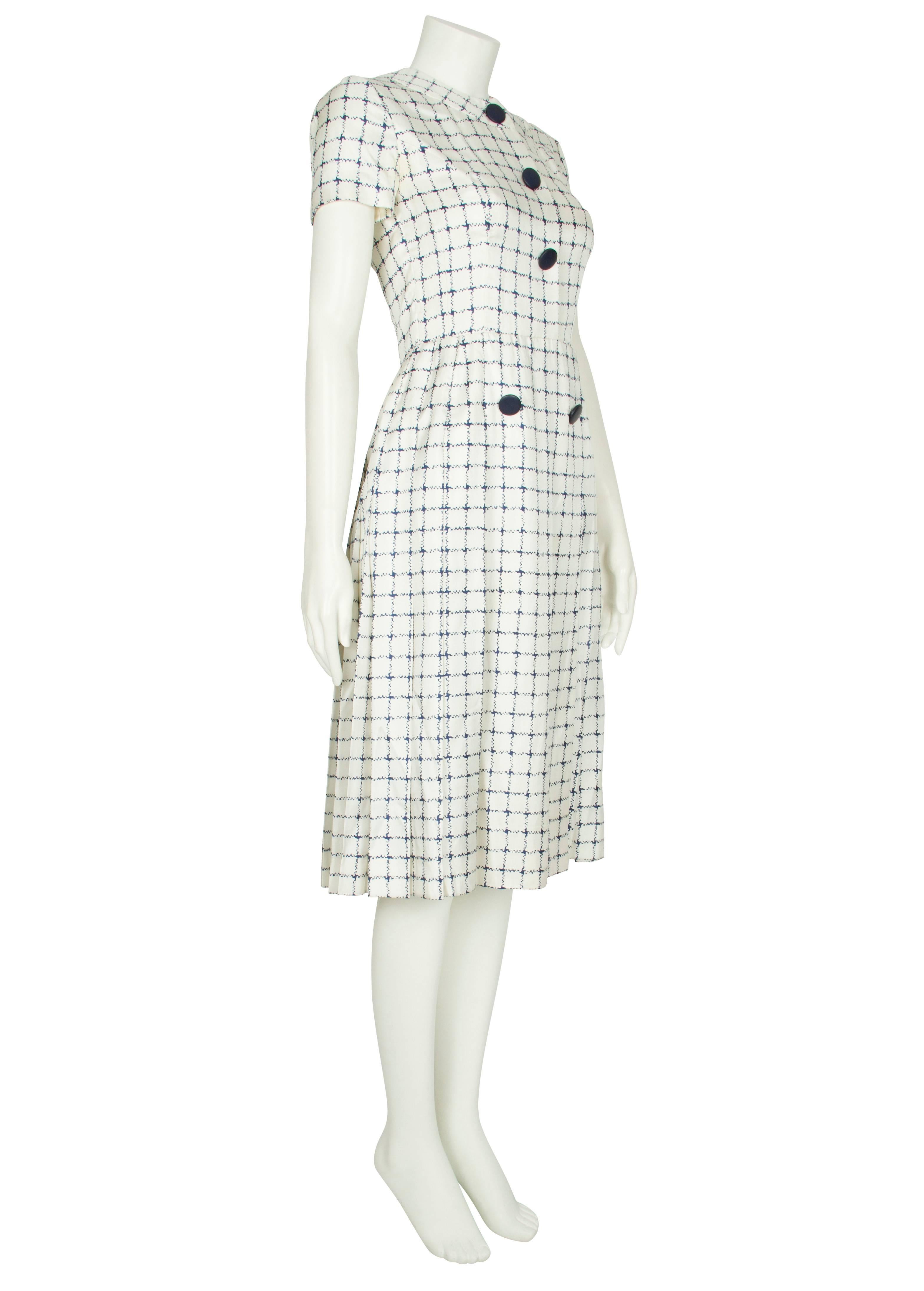1960's Harald Ivory Silk Dress with Navy Checked Print For Sale 2