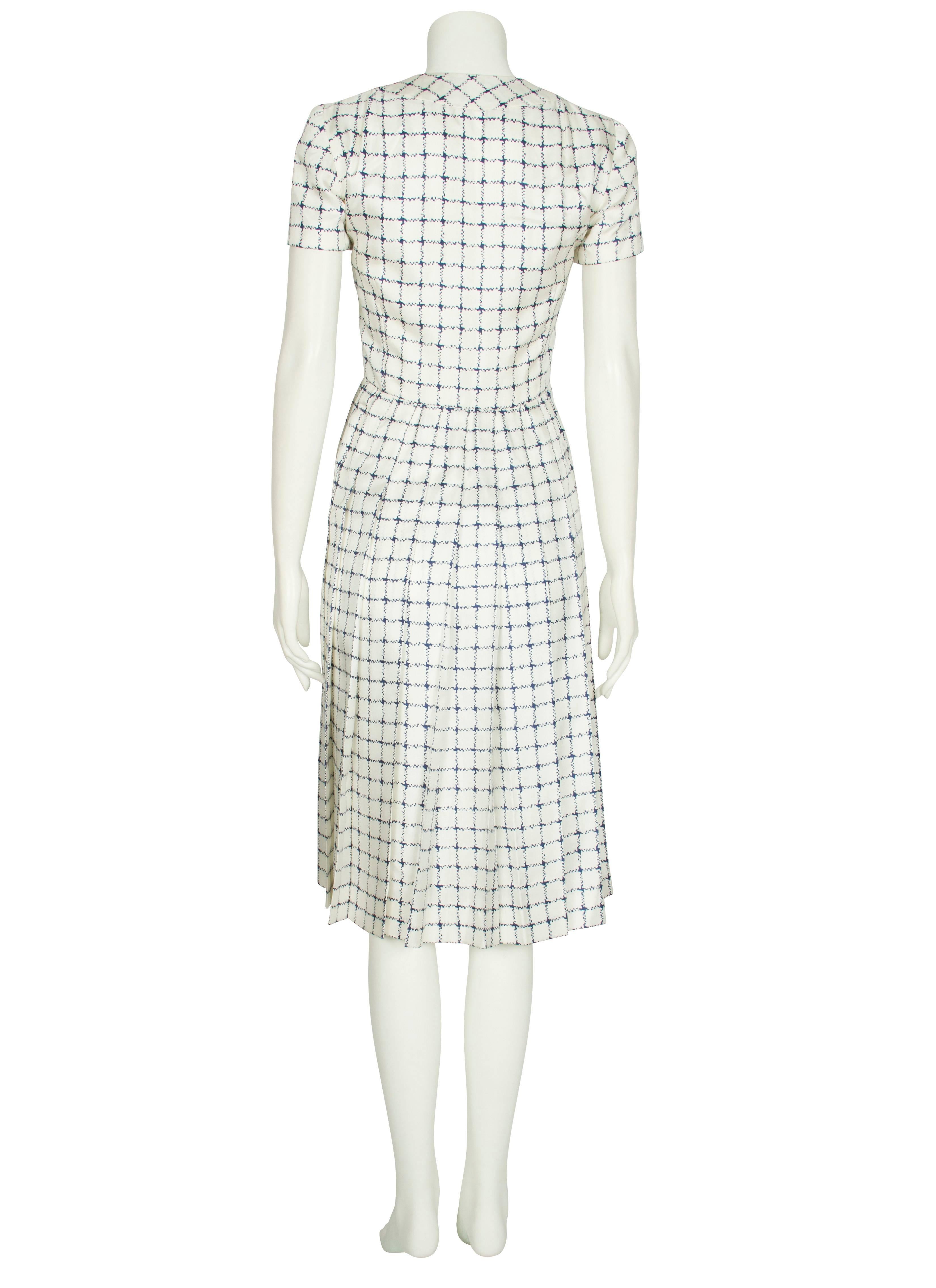 1960's Harald Ivory Silk Dress with Navy Checked Print For Sale 1