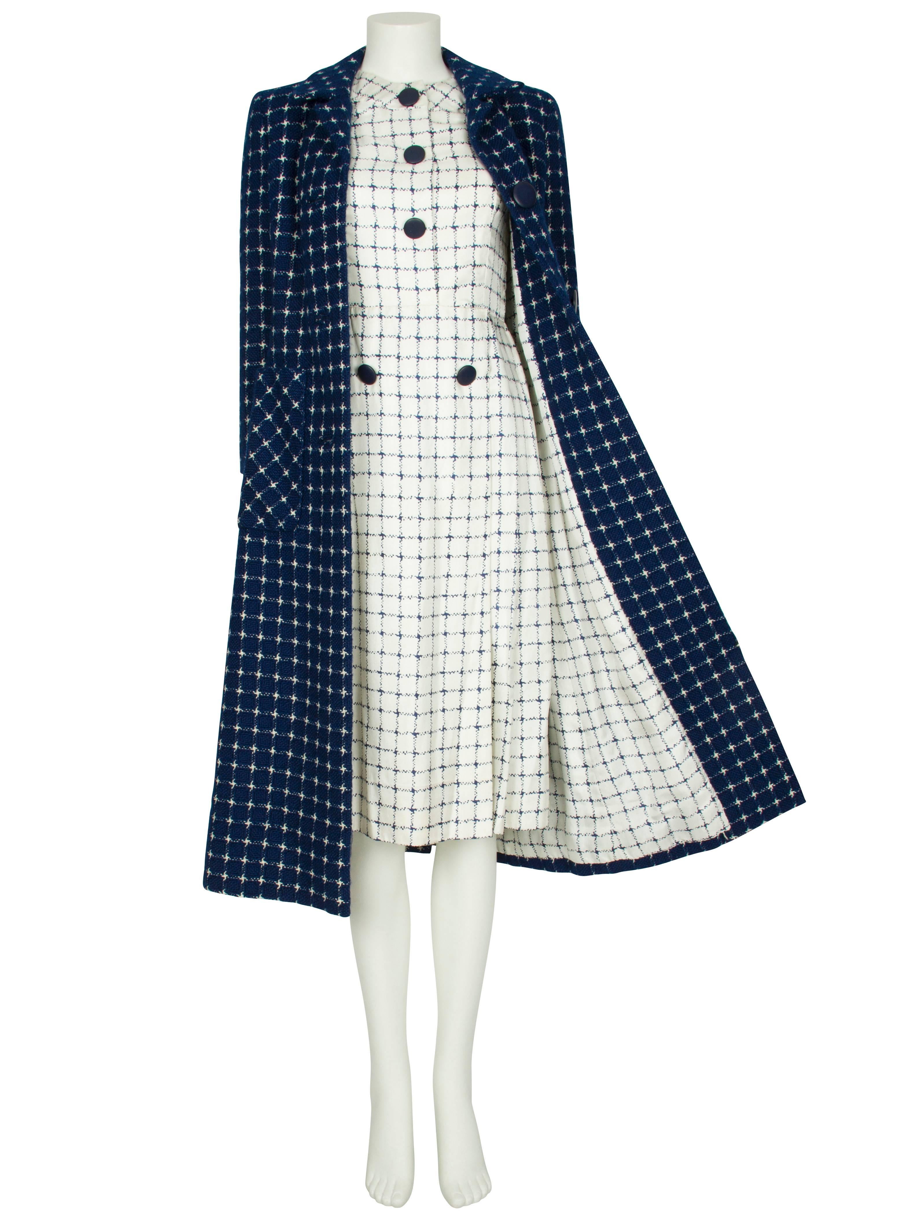 1960's Harald Ivory Silk Dress with Navy Checked Print For Sale 4