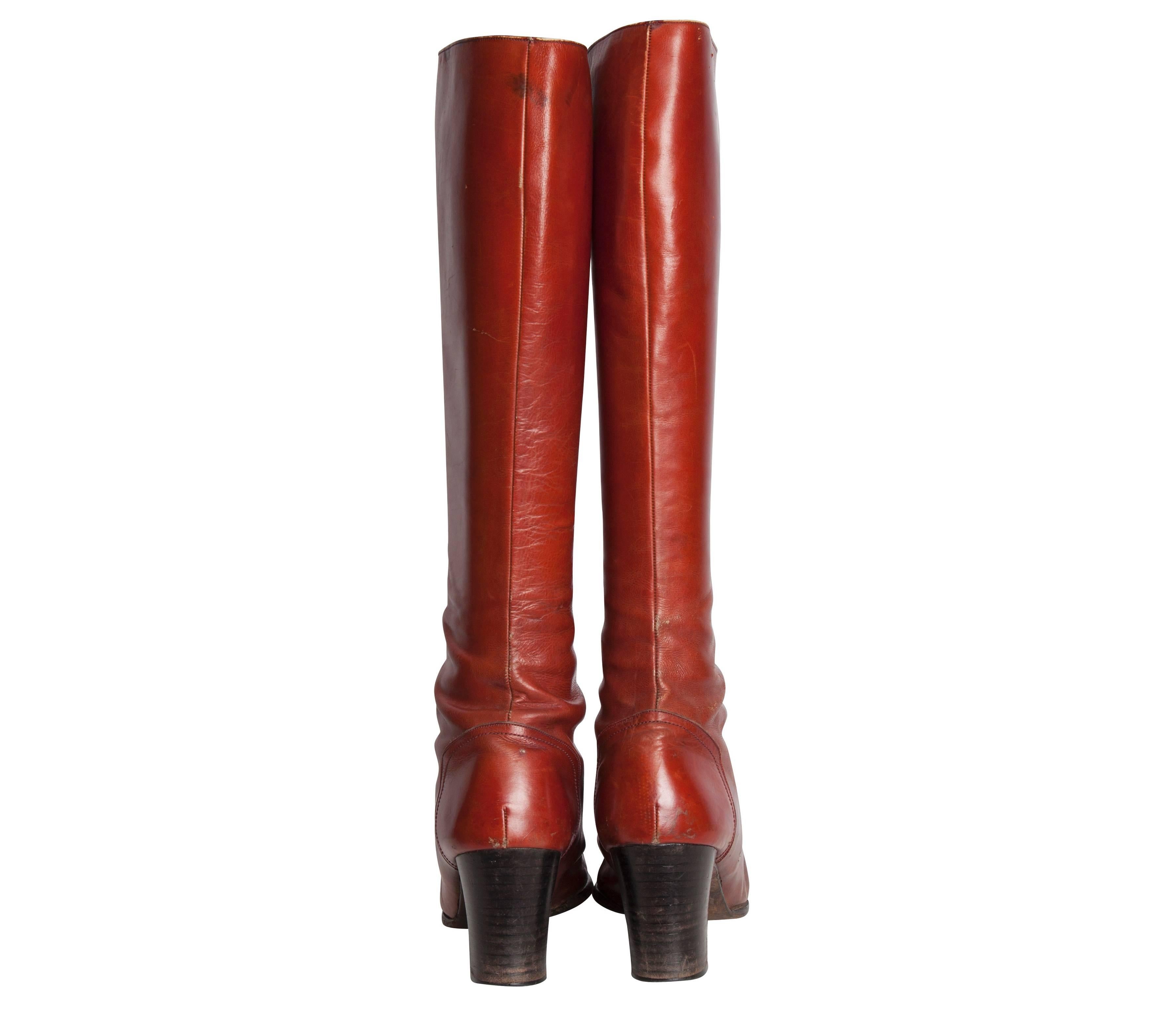 Women's 1970s Yves Saint Laurent Couture Brick Red Leather Heeled Lace-Up Tall Boots For Sale