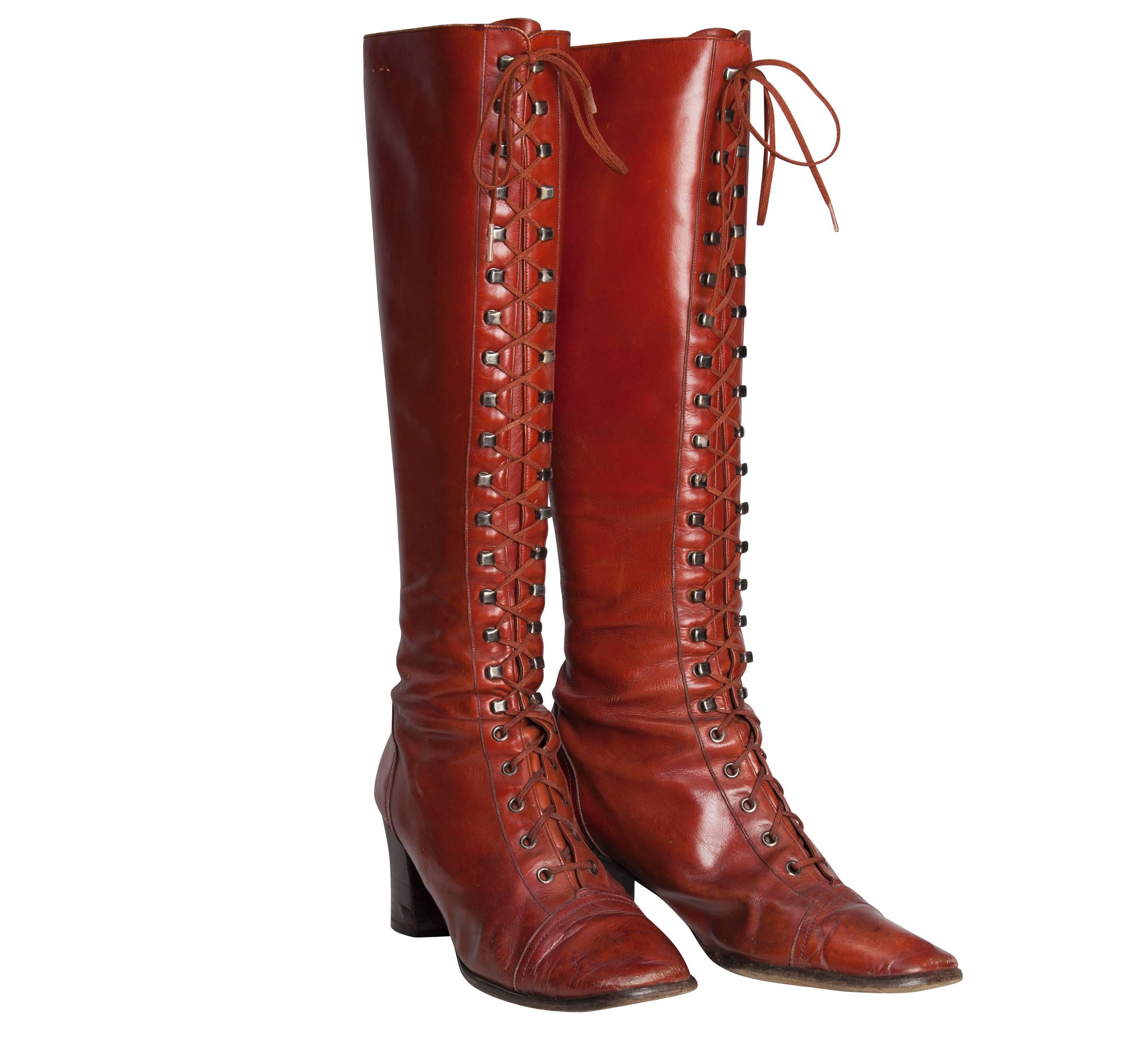 1970s Yves Saint Laurent Couture Brick Red Leather Heeled Lace-Up Tall Boots In Good Condition For Sale In London, GB