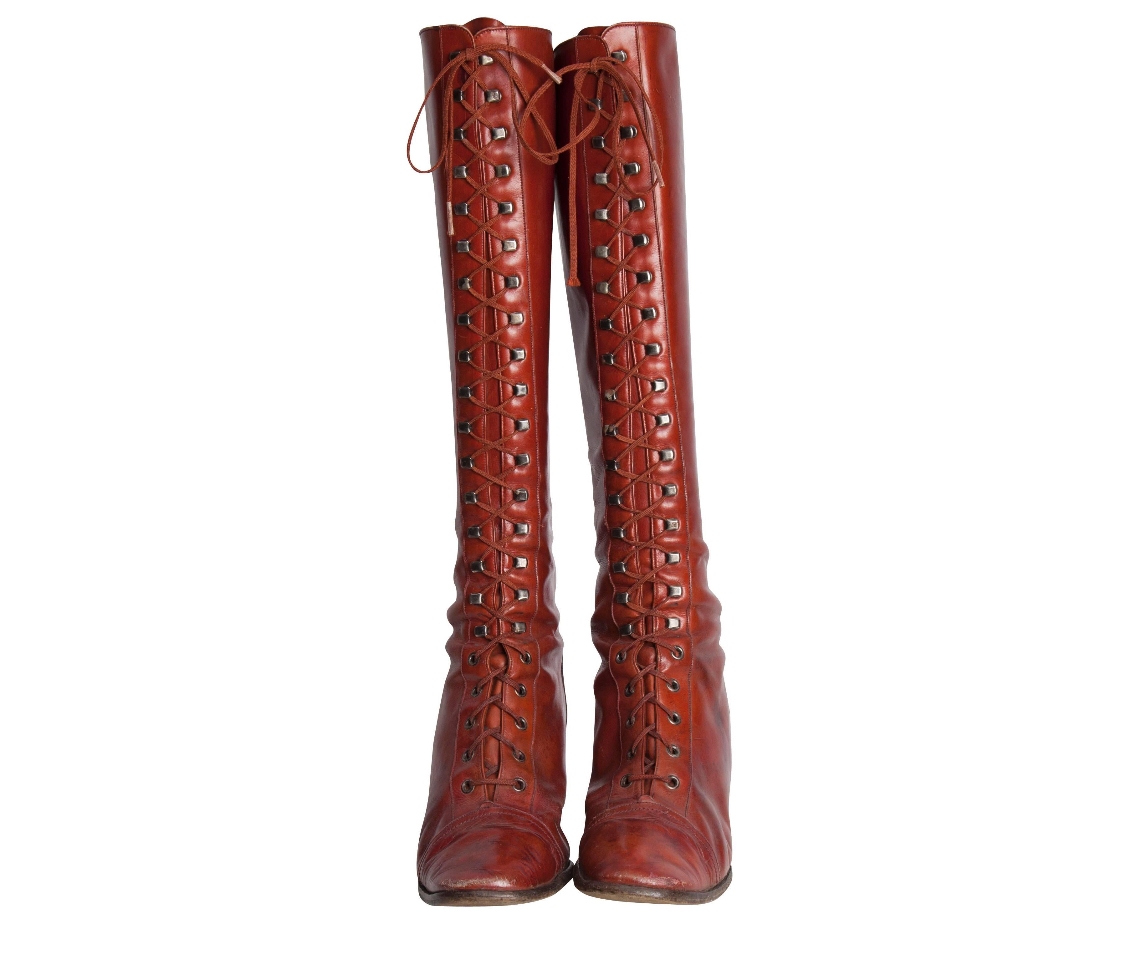 Brown 1970s Yves Saint Laurent Couture Brick Red Leather Heeled Lace-Up Tall Boots For Sale