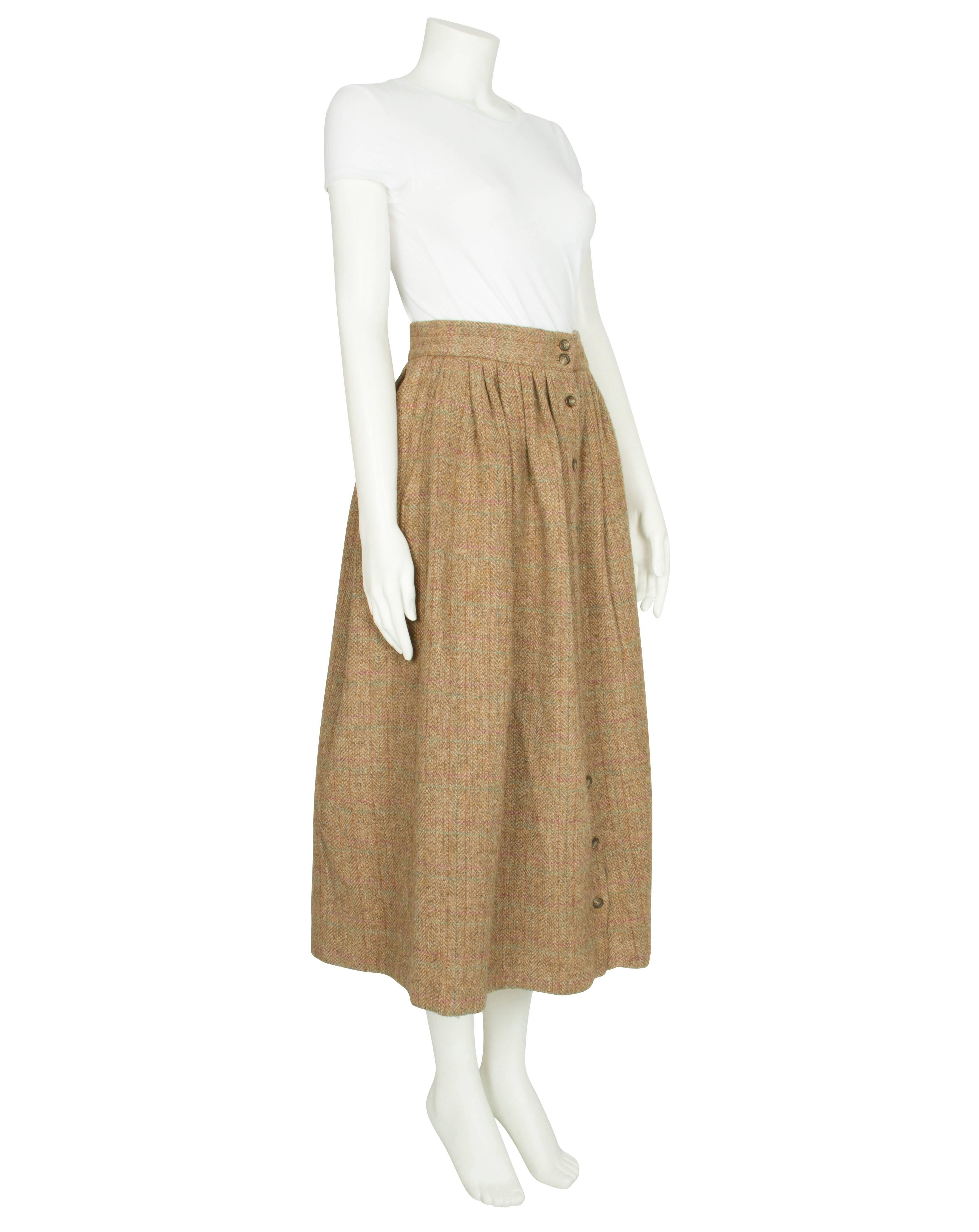 Women's 1980s Ralph Lauren Pale Brown Tweed Buttoned Down Skirt For Sale