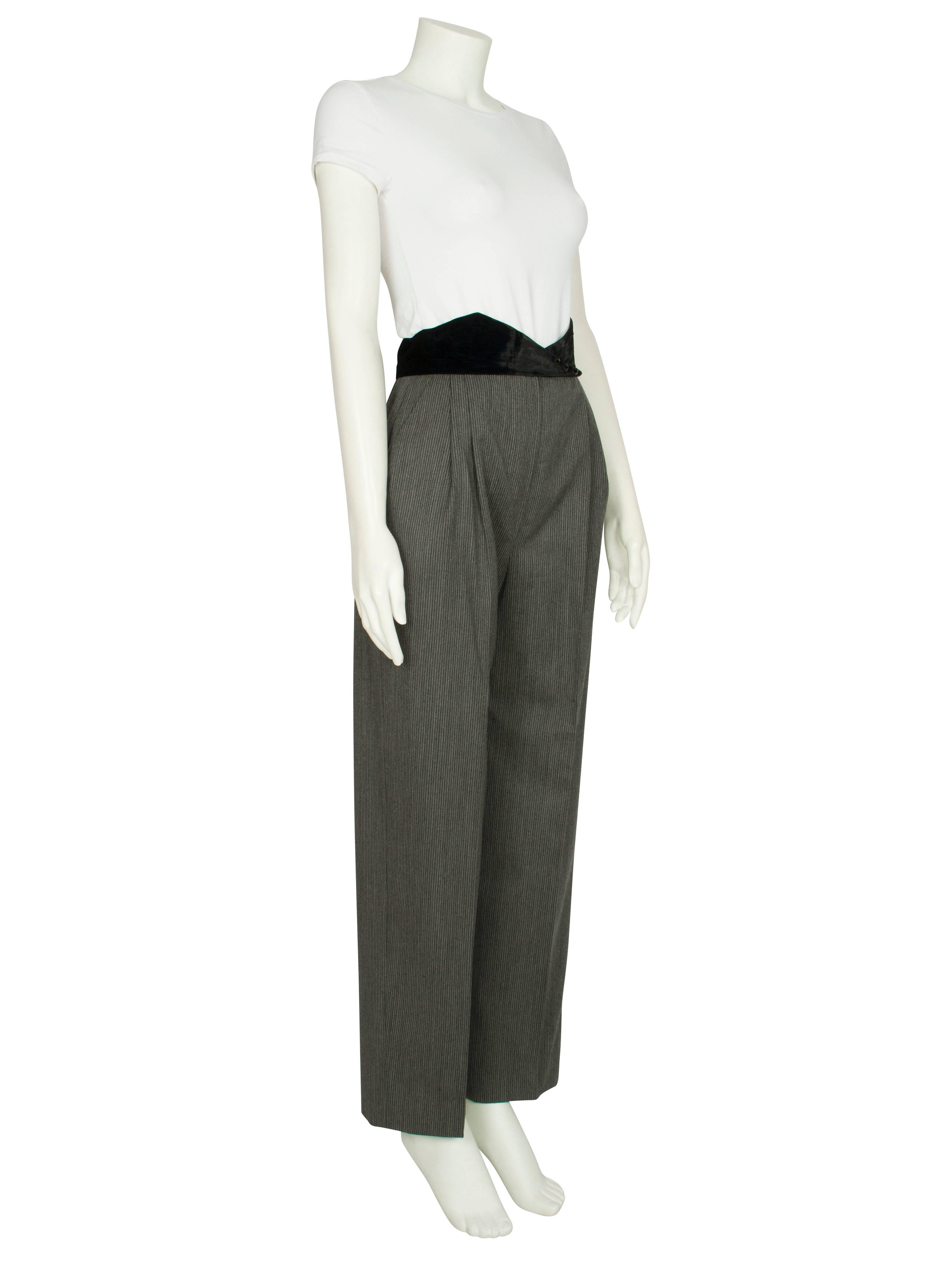 Women's 1980s Wool Pinstripe Tapered Trousers with Velvet Waistband For Sale