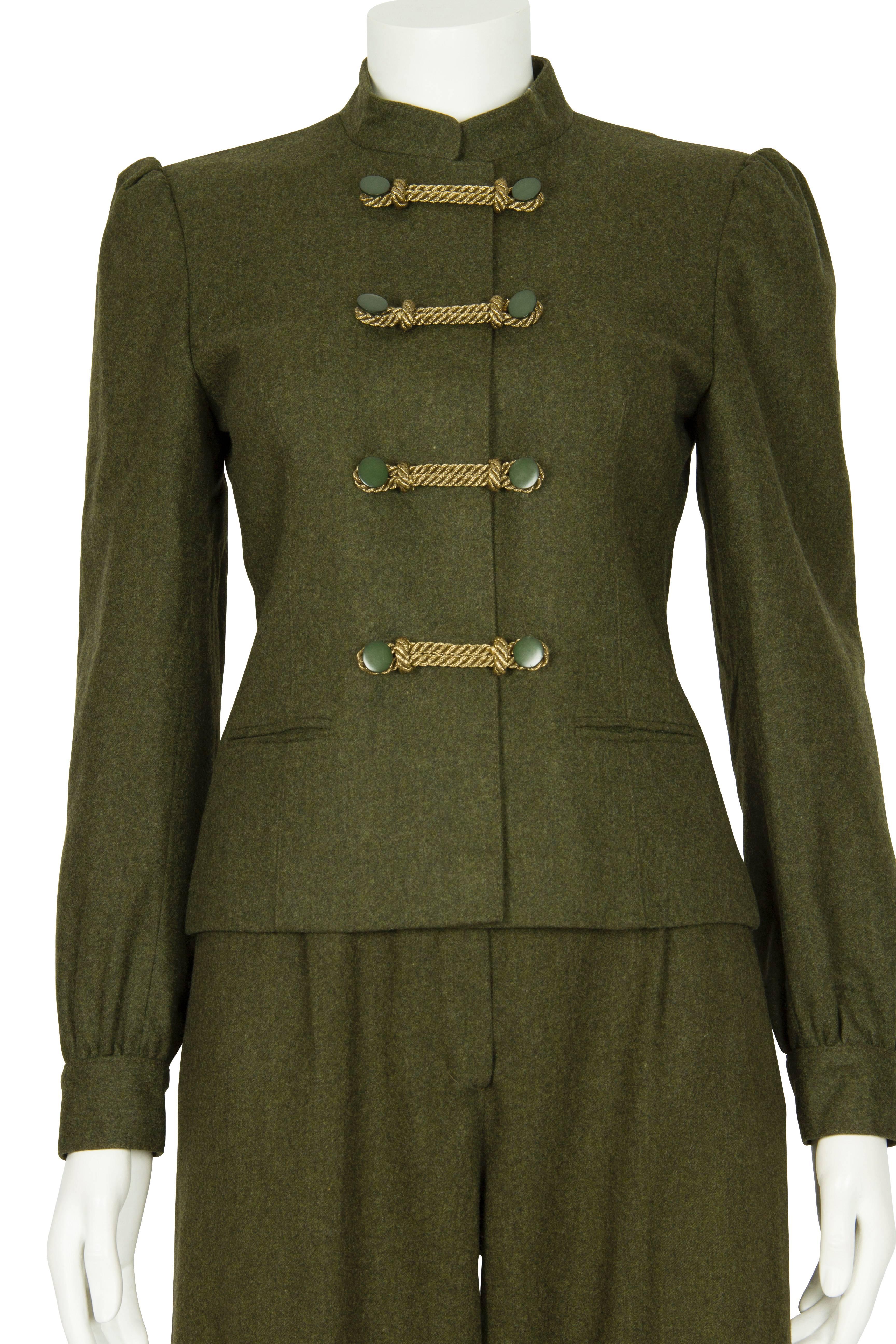1970s Joy-Trixi Schober Moss Green Wool Hunting Jacket & Culottes Ensemble For Sale 1