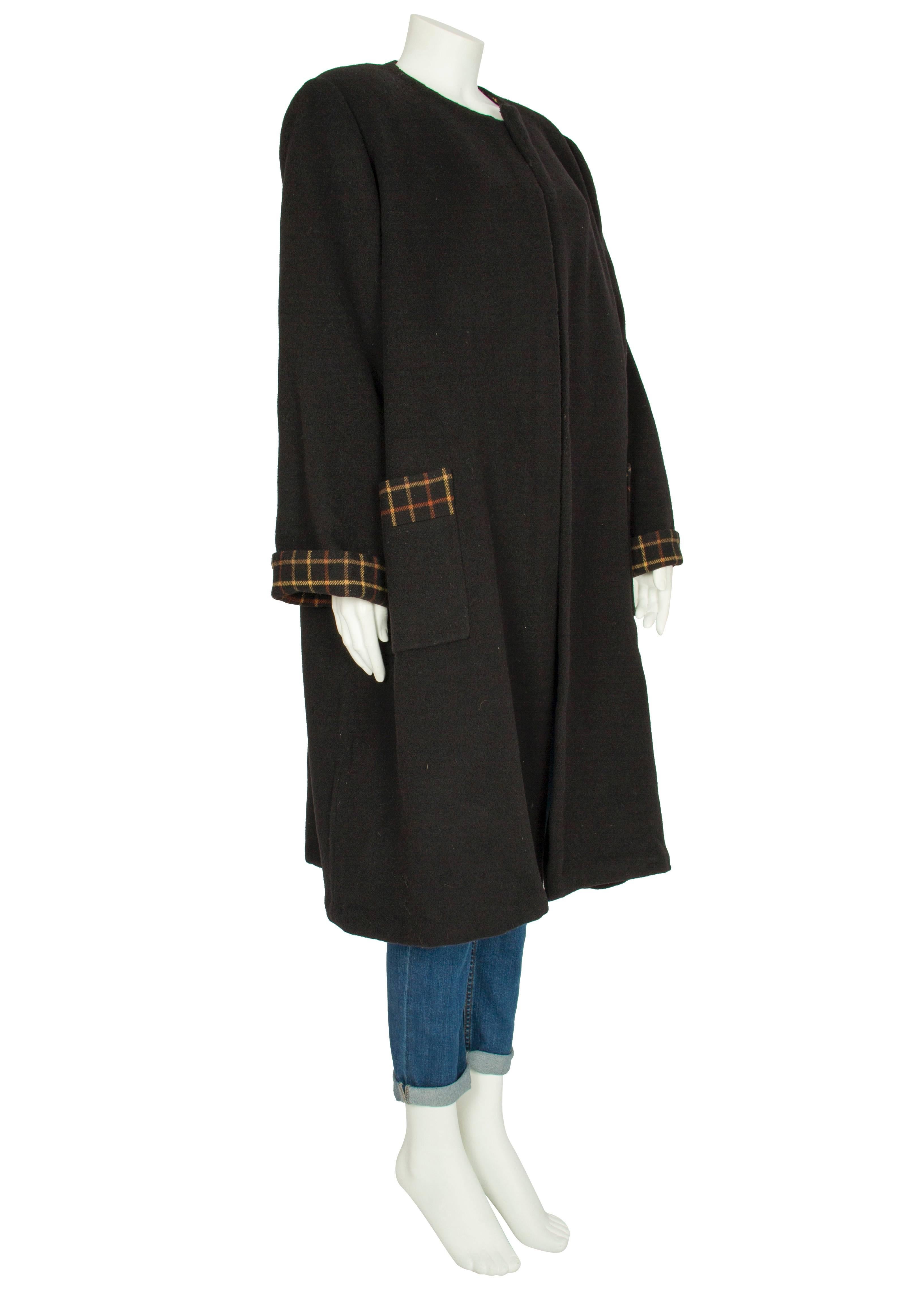 Women's 1960s Harald Black Wool Overcoat with Caramel and Brown Check Lining For Sale