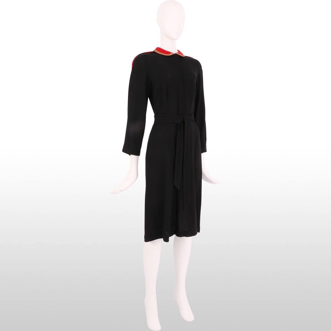 Women's 1930's Black Crepe Dress with Braid Trim Peter Pan Collar