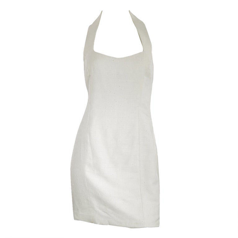 1990’s Bruce Oldfield Custom White Linen Halter Neck Mini Dress For Sale
