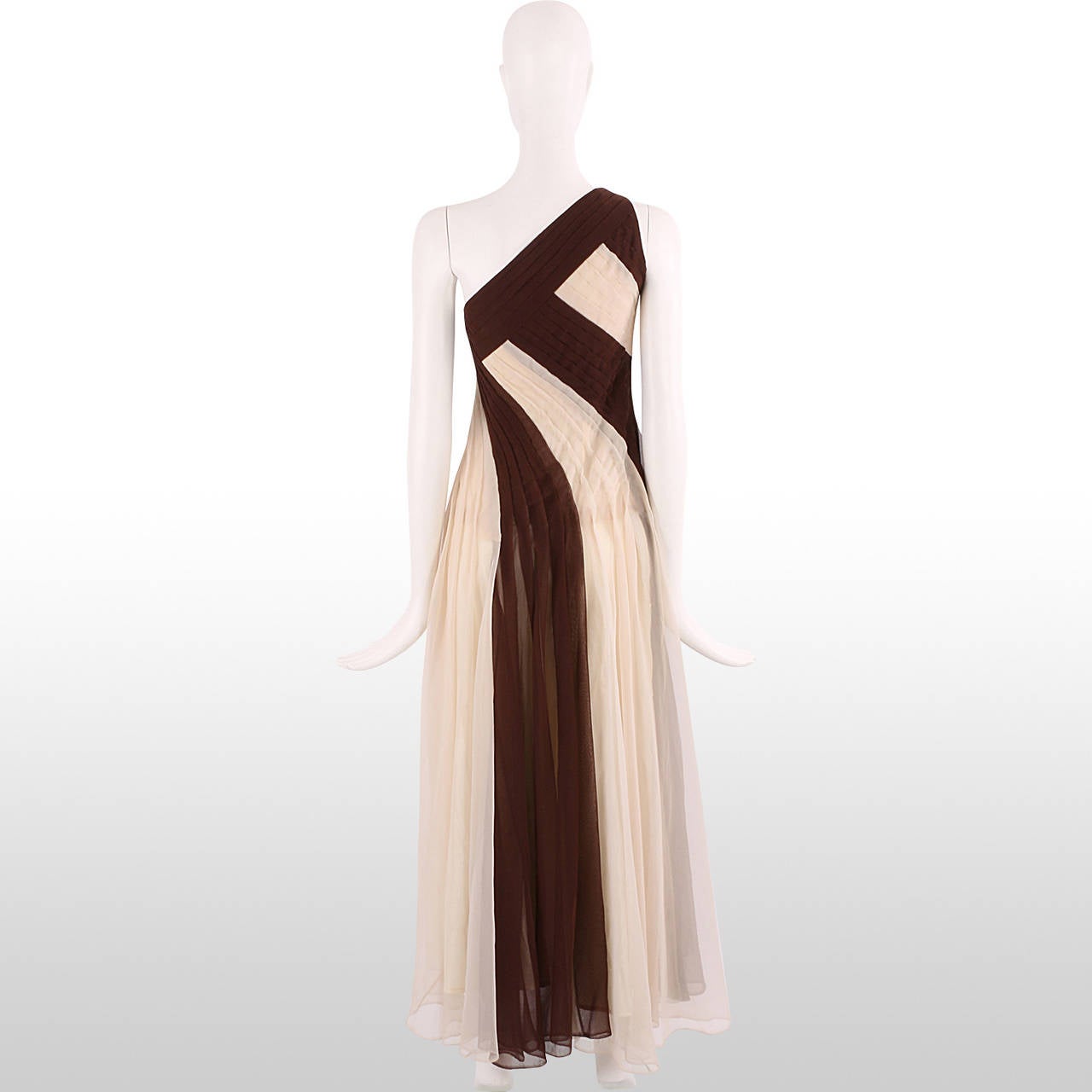 Black 1970's Cocoa and Ivory One Shoulder Pleated Gown For Sale