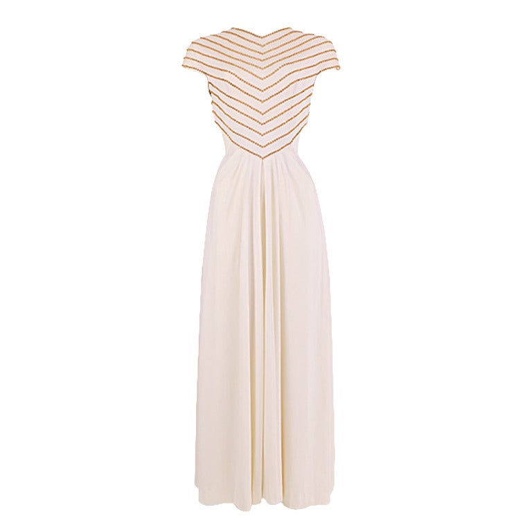 1970's Estévez Ivory and Gold Beaded Bodice Open Back Gown - Size S at ...