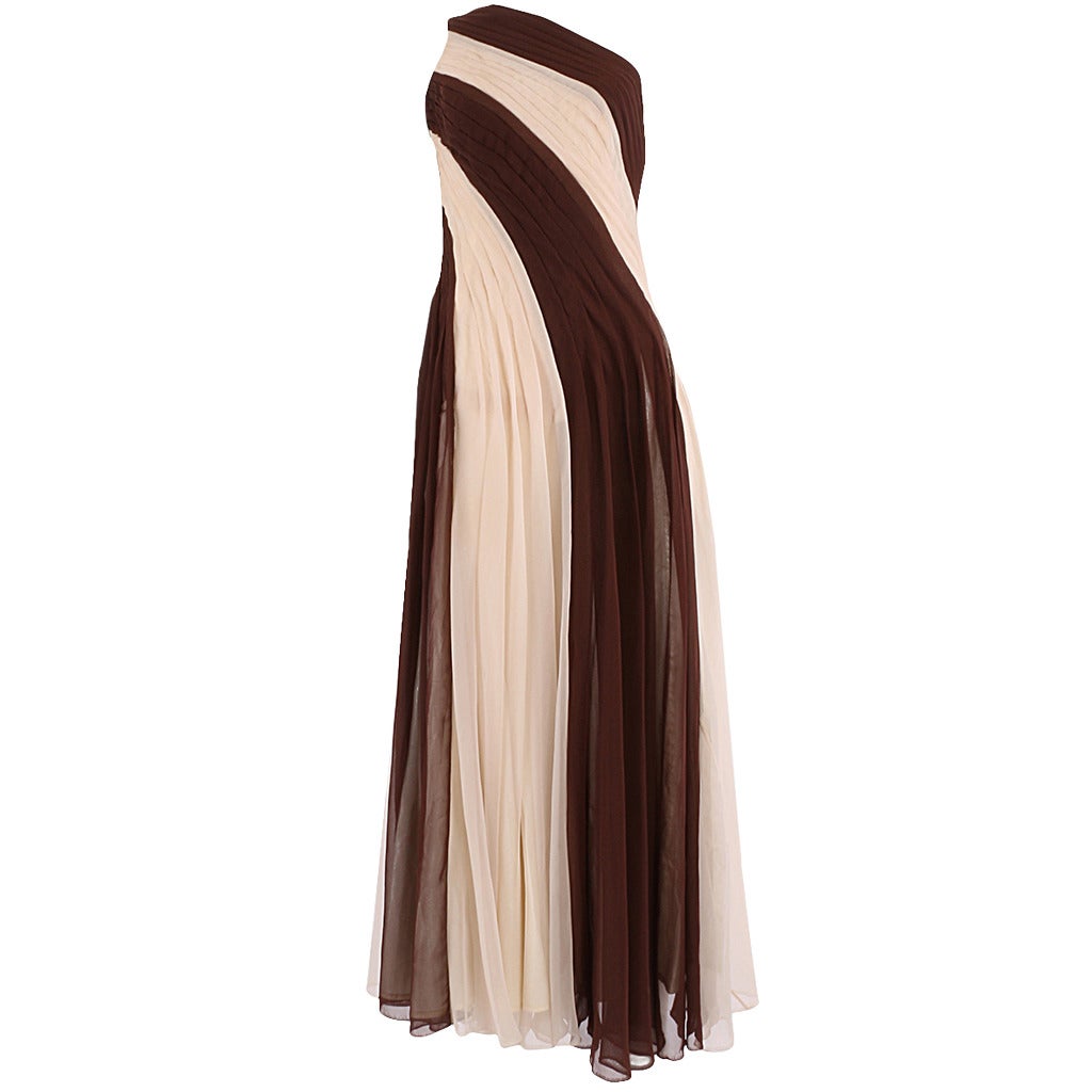 1970's Cocoa and Ivory One Shoulder Pleated Gown For Sale
