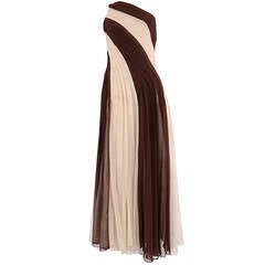 1970's Cocoa and Ivory One Shoulder Pleated Gown