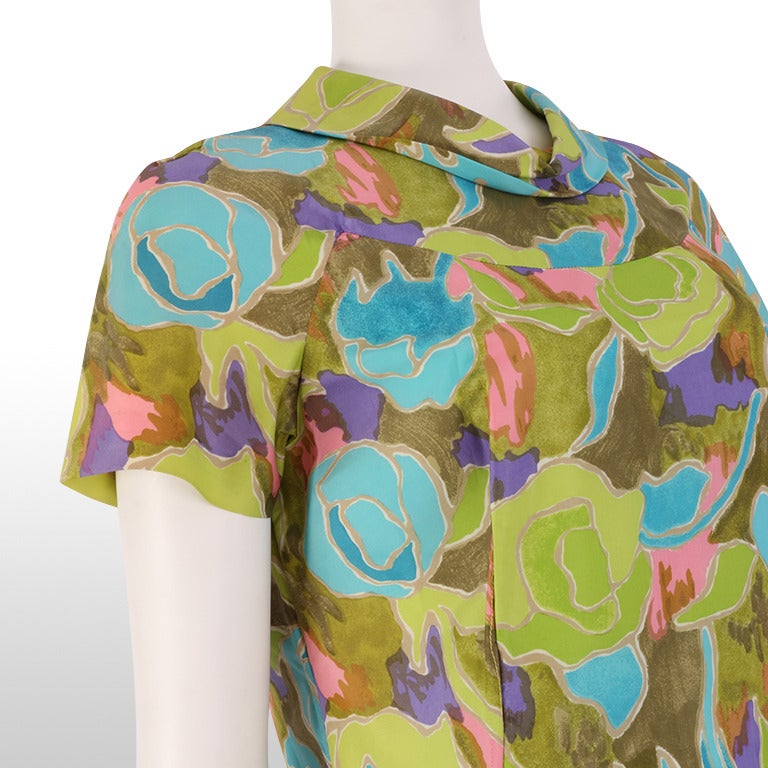 1960's Abstract Floral Cowl Neck Shift Dress 1