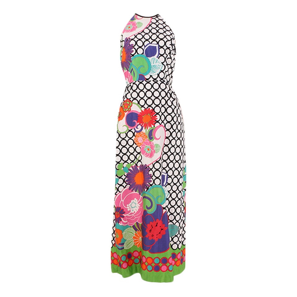 1970's Bold Hawaiian Flower Print Halter Neck Summer Gown