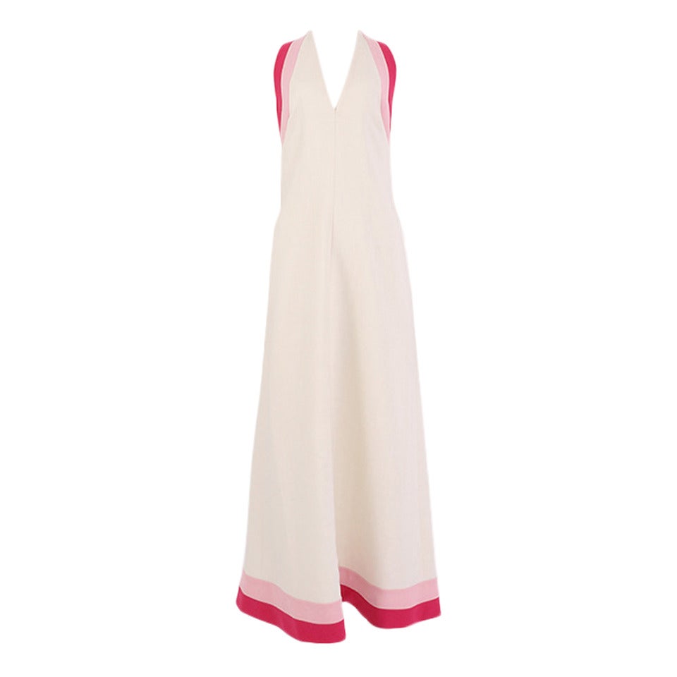 1970's Lord and Taylor White Linen with Pink Halter Neck Gown For Sale