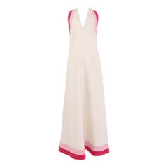 1970's Lord and Taylor White Linen with Pink Halter Neck Gown