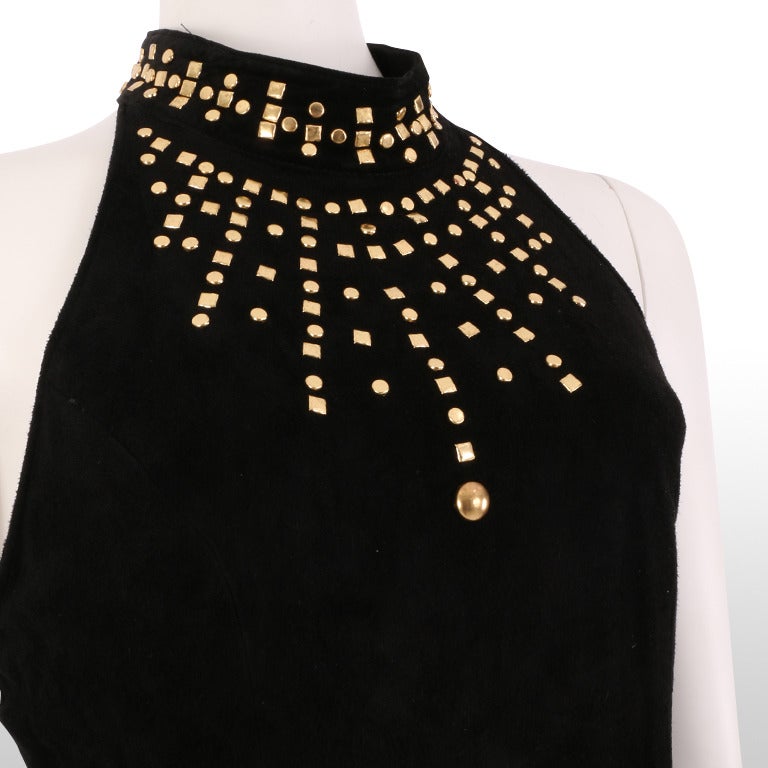 1980's Gold Studded Suede Halter Gown 2