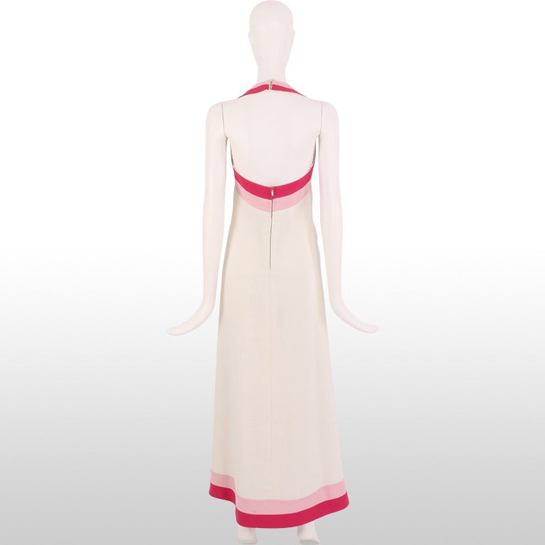 Beige 1970's Lord and Taylor White Linen with Pink Halter Neck Gown For Sale