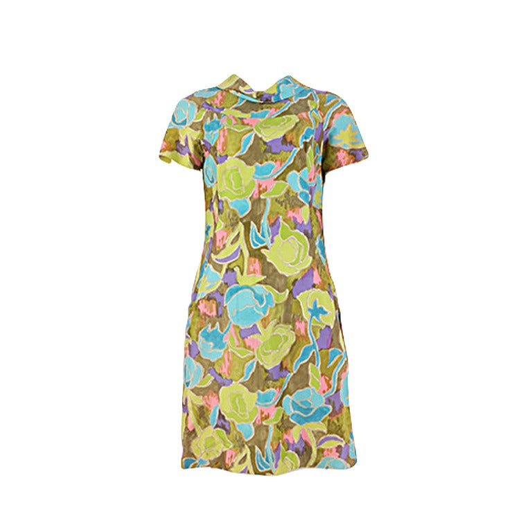 1960's Abstract Floral Cowl Neck Shift Dress
