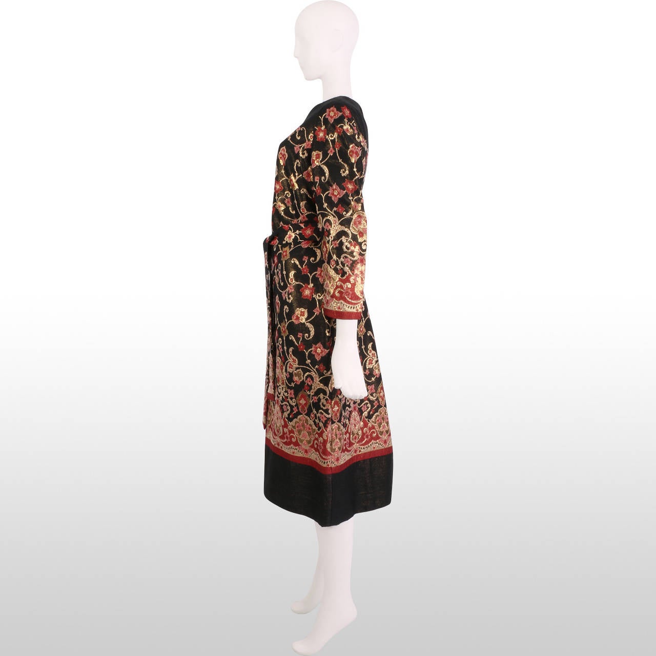 1960's Adele Simpson Black, Magenta & Gold Brocade Dress In Excellent Condition In London, GB