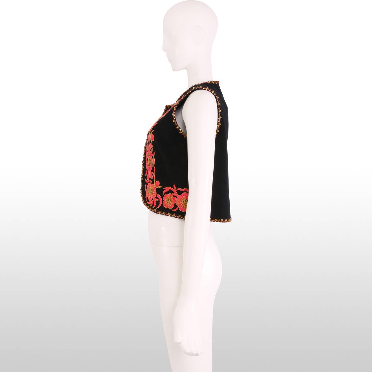 Women's 1960's Black Folk Vest with Pink and Gold Floral Embroidery