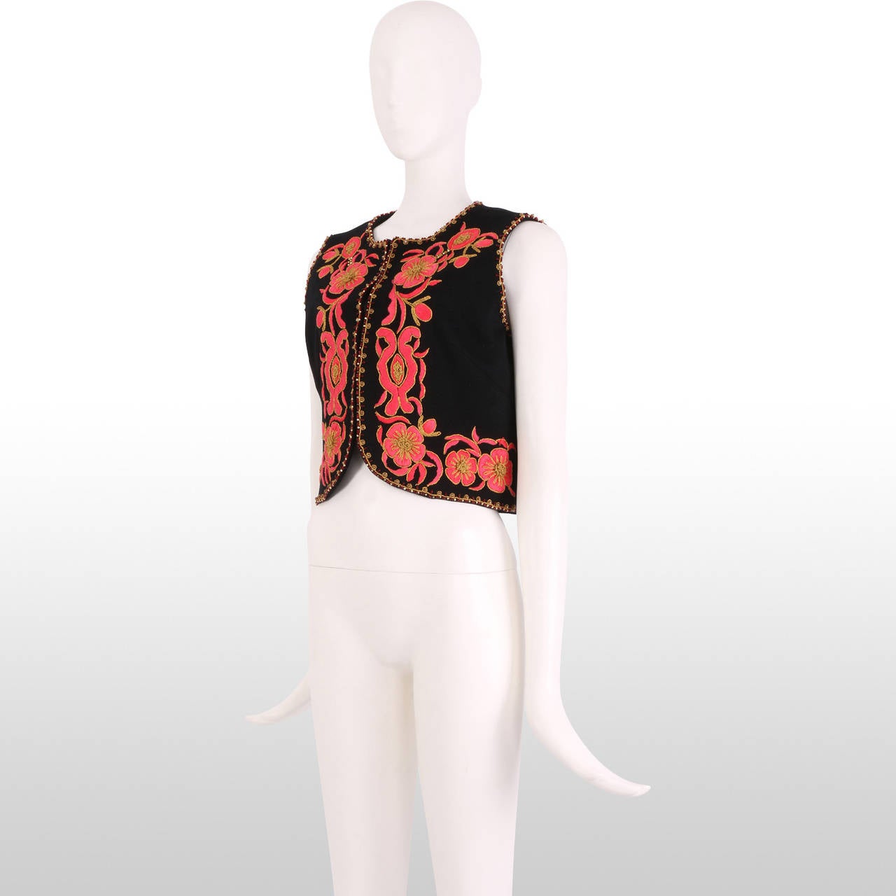 1960's Black Folk Vest with Pink and Gold Floral Embroidery In Excellent Condition In London, GB
