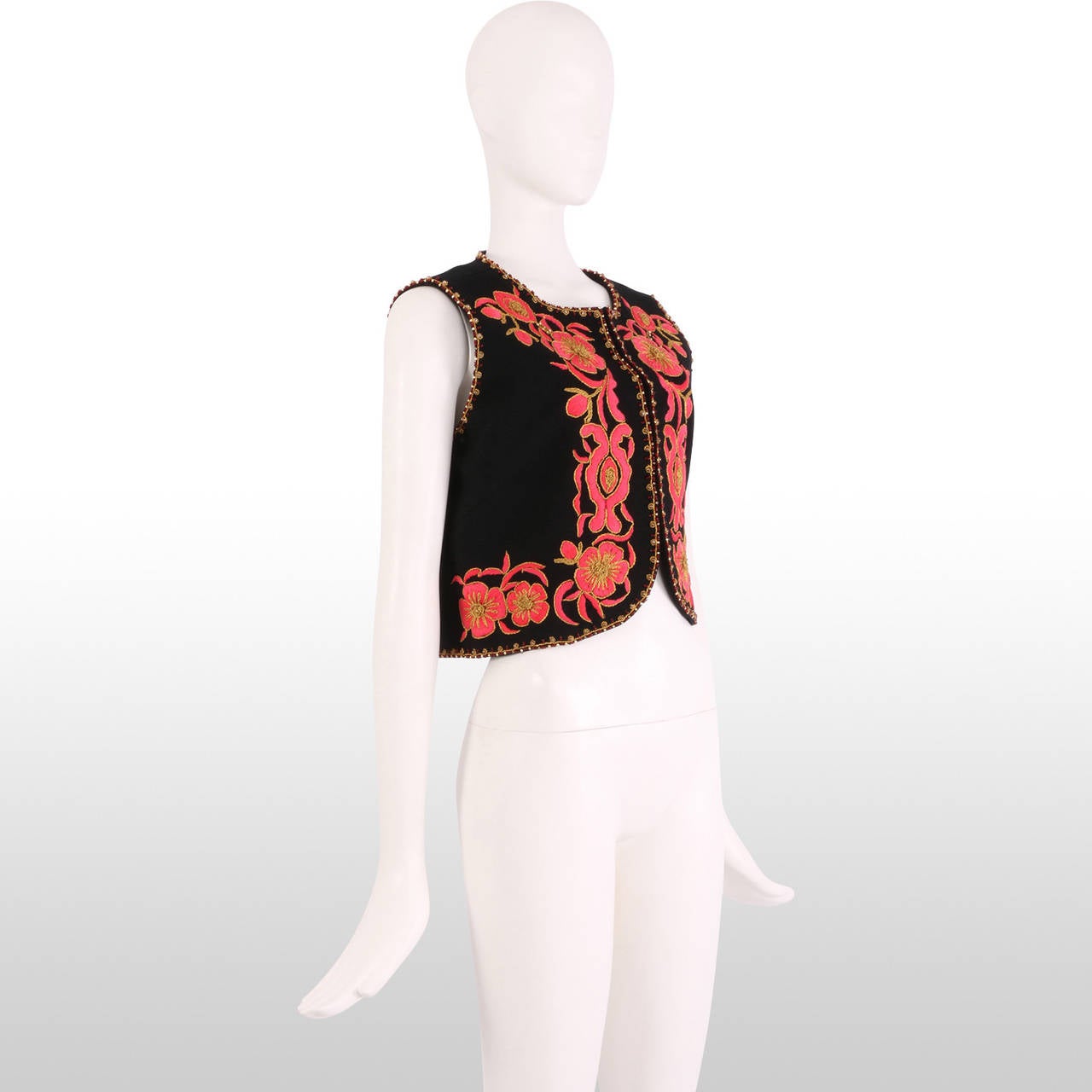1960's Black Folk Vest with Pink and Gold Floral Embroidery 2