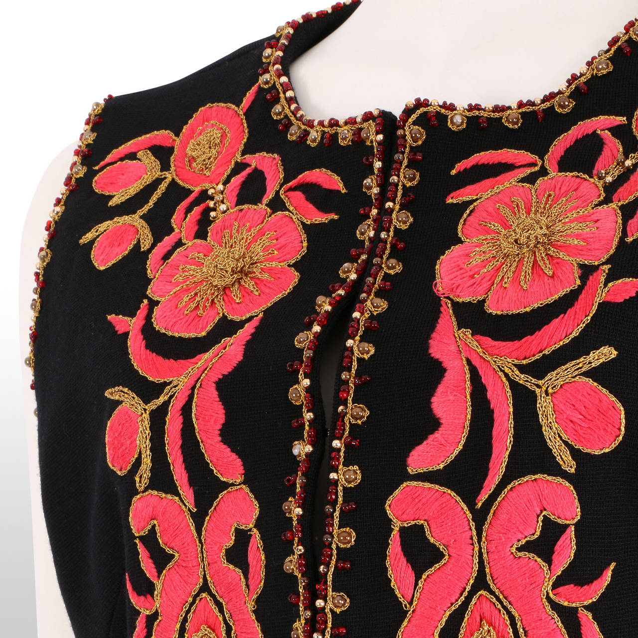 1960's Black Folk Vest with Pink and Gold Floral Embroidery 3