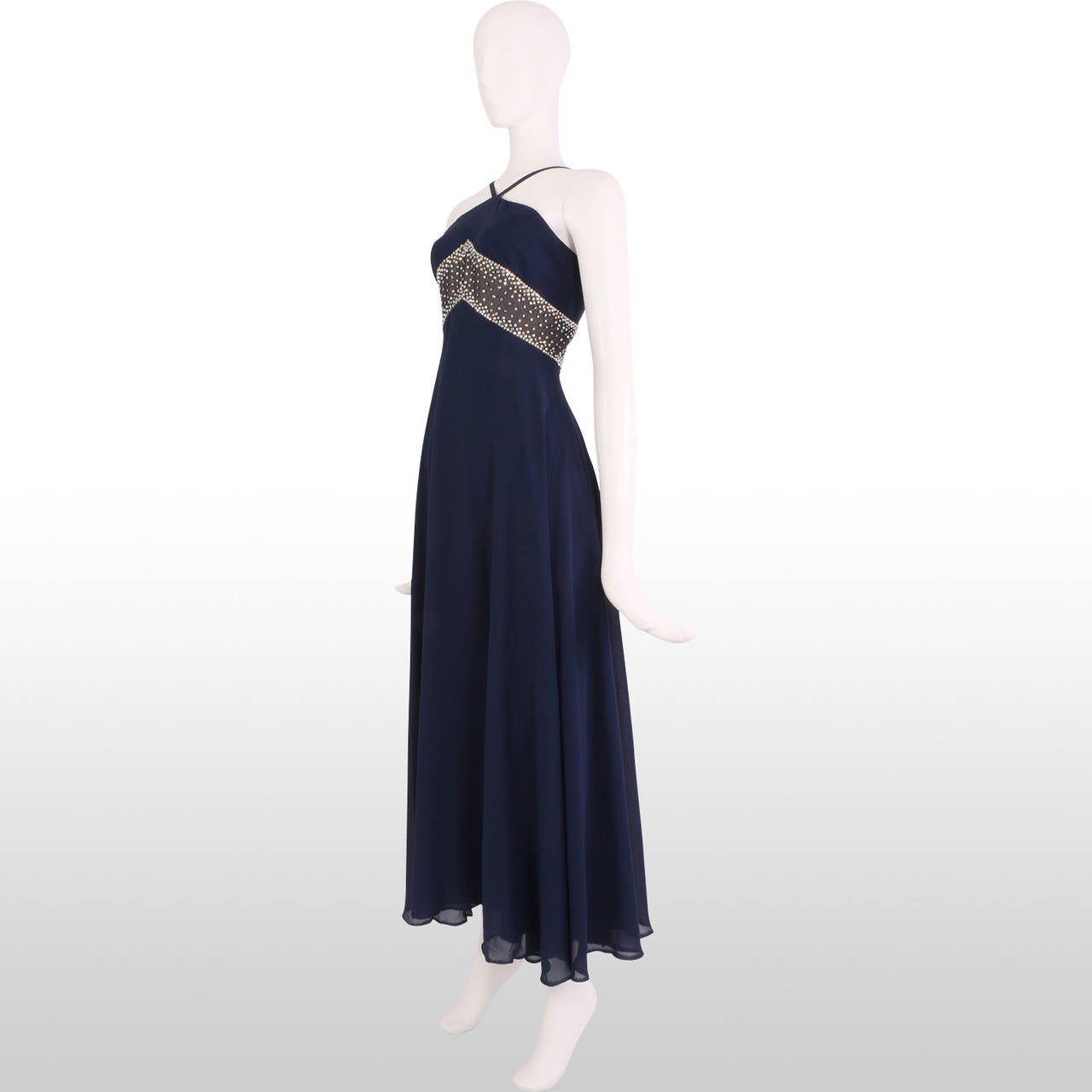 1960's Royal Blue Beaded Halter Gown In Excellent Condition For Sale In London, GB