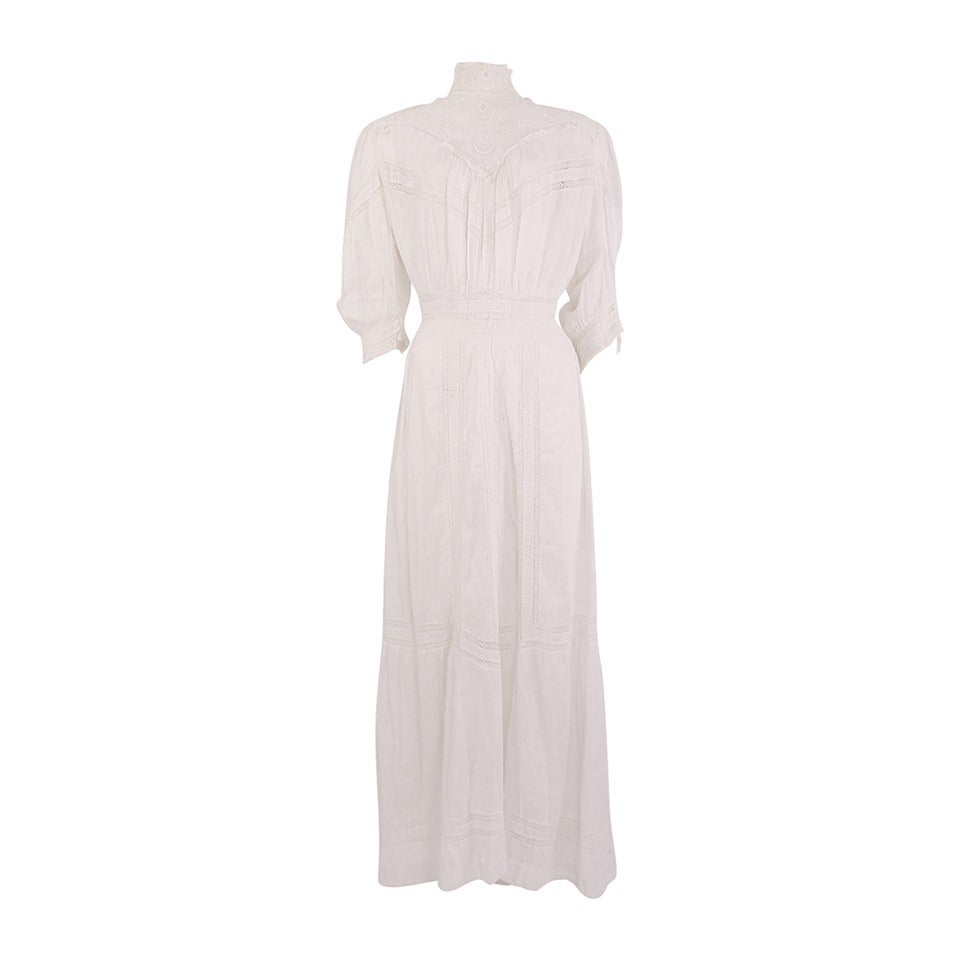 Victorian White Embroidery and Lace High Neck Lawn Dress at 1stDibs