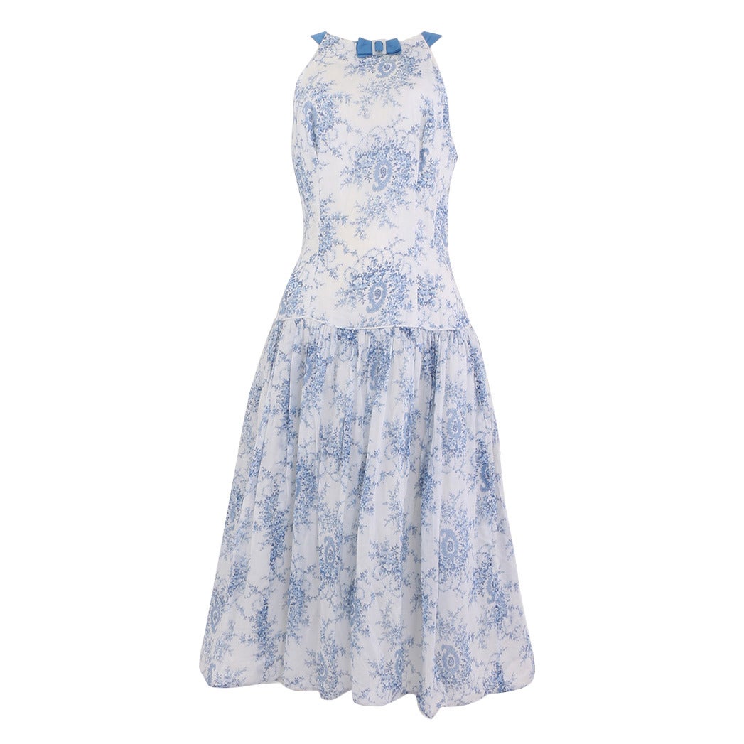 Late 1940's Dutch Blue And White Cotton Drop Waist Summer Dress For Sale