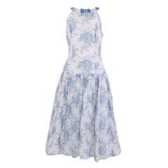 Late 1940's Dutch Blue And White Cotton Drop Waist Summer Dress