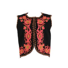 1960's Black Folk Vest with Pink and Gold Floral Embroidery