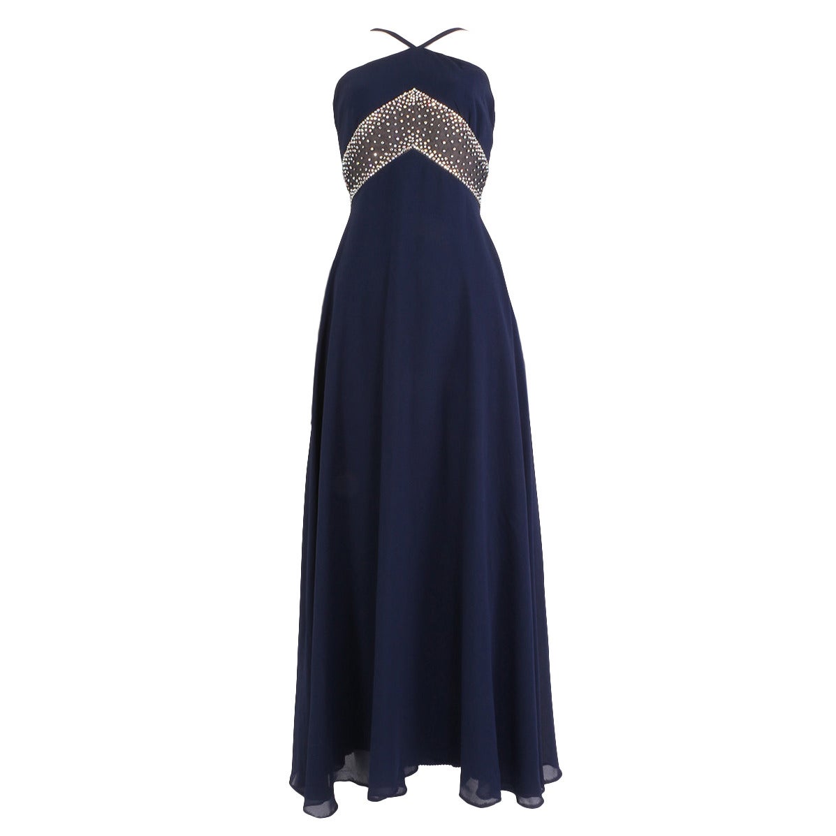1960's Royal Blue Beaded Halter Gown For Sale
