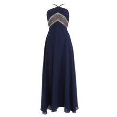 1960's Royal Blue Beaded Halter Gown