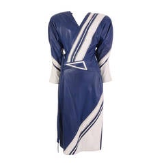 1980
s Leather Electric Blue and White Stripe Jacket and Skirt Suit