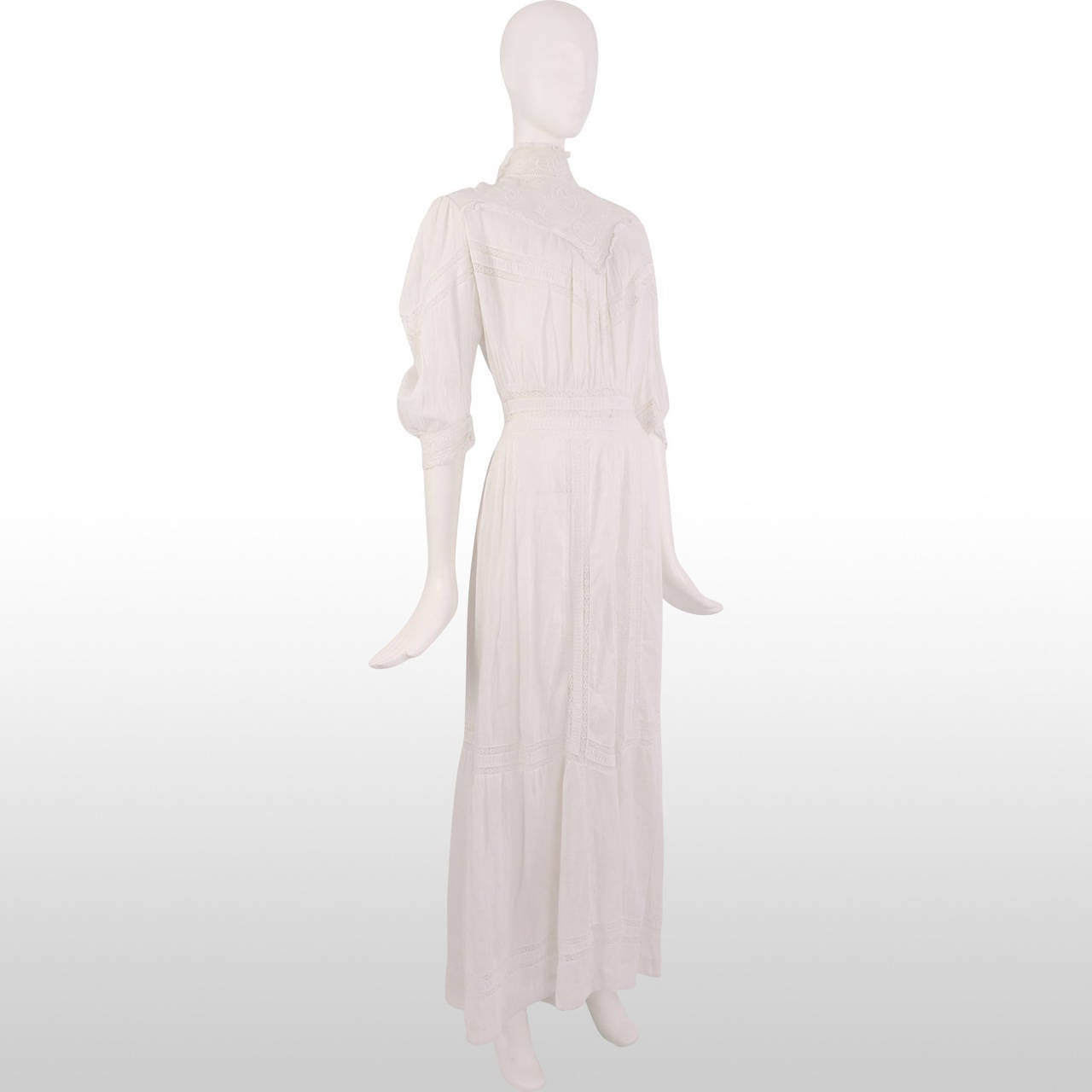 Women's Victorian White Embroidery and Lace High Neck Lawn Dress