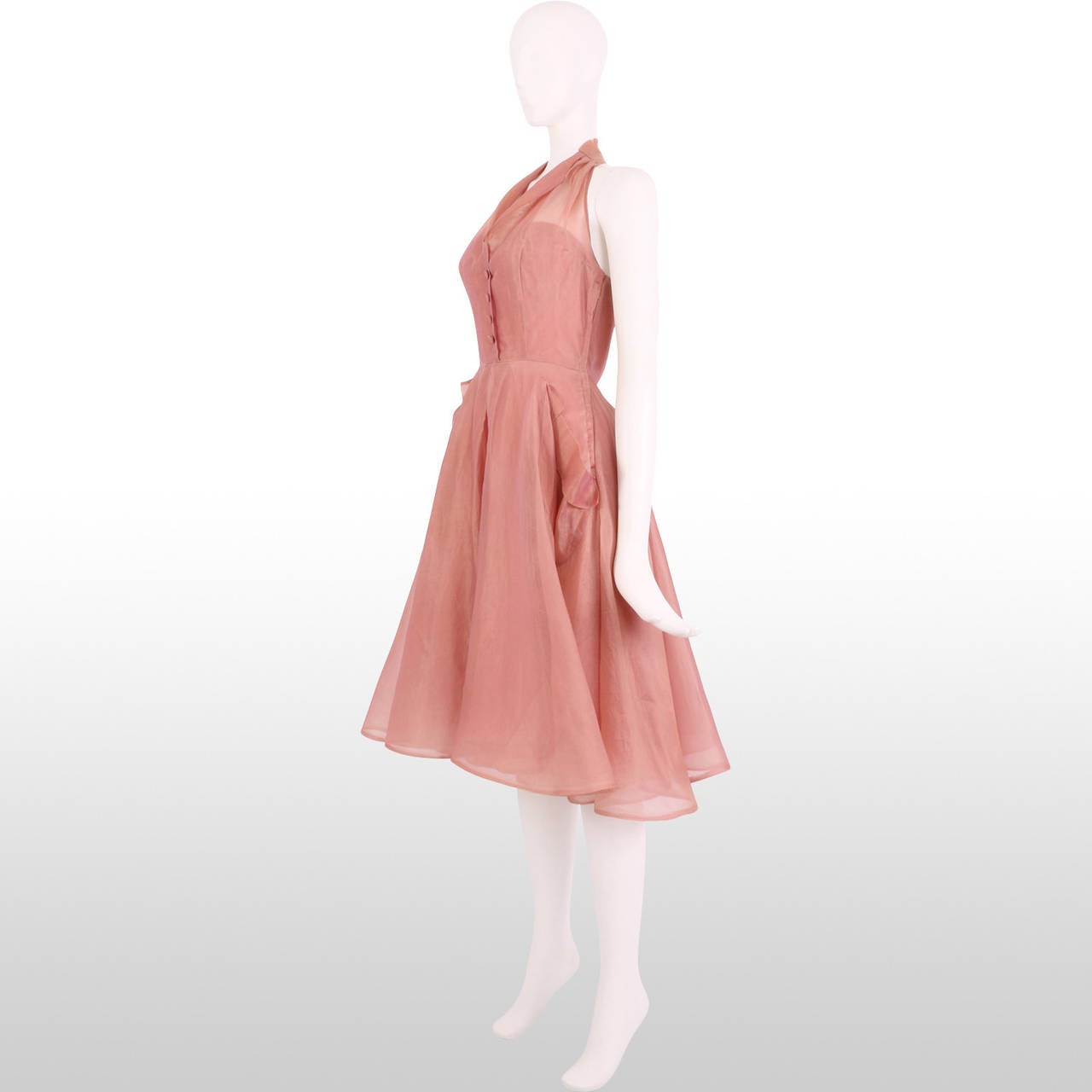 1950's Rose Pink Silk Organza Halter Dress 2