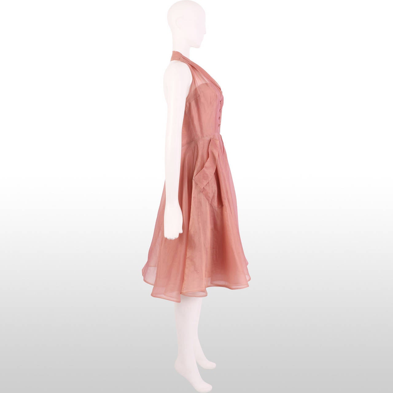 1950's Rose Pink Silk Organza Halter Dress In Good Condition In London, GB