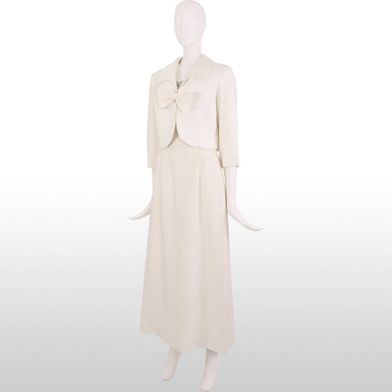 Beige 1960's Lord and Taylor White Silver Beaded Bust Gown And Jacket For Sale