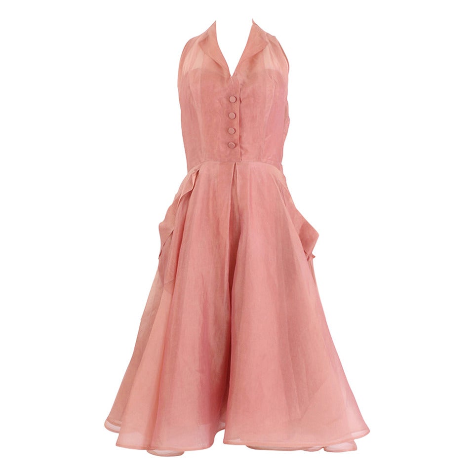 1950's Rose Pink Silk Organza Halter Dress