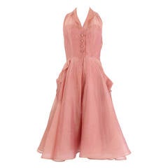 Retro 1950's Rose Pink Silk Organza Halter Dress