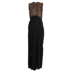 1930's Gold Metallic Bust Black Crepe Gown