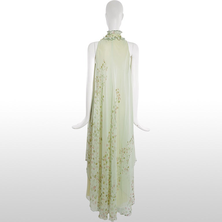 Women's 1970's Mint Green Foliage Ruffle Neck Gown