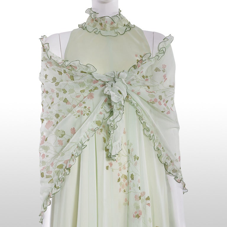 1970's Mint Green Foliage Ruffle Neck Gown 3