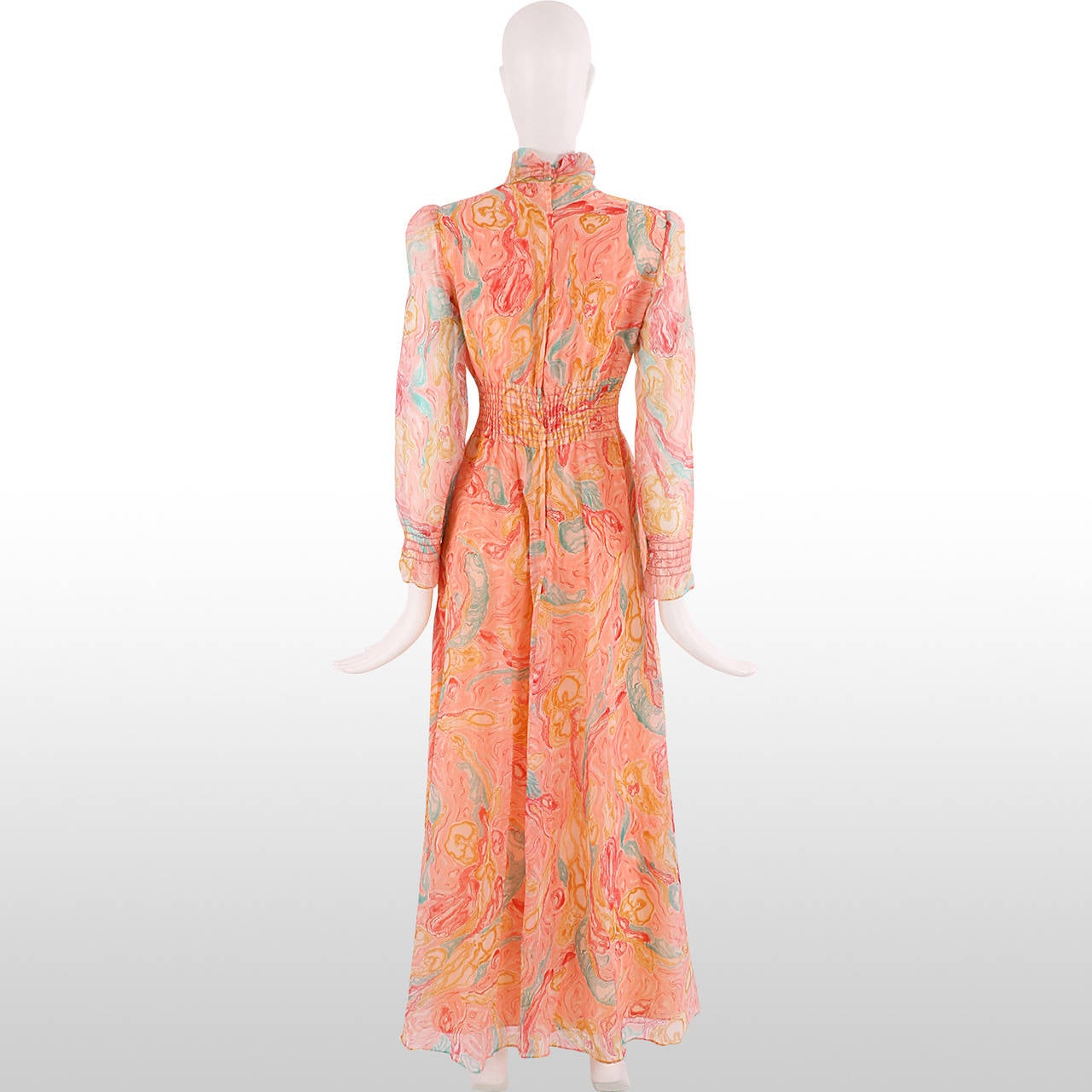 1970's Coral Marble Roll Neck Maxi Dress In Excellent Condition In London, GB